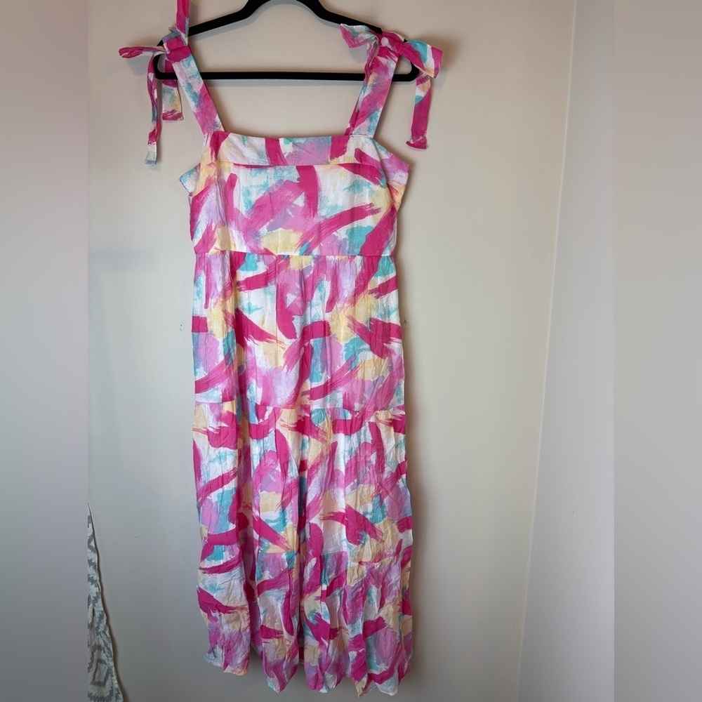 Blu Pepper Stitch Fix Tie Strap Brush Stroke Midi Dress Pink Yellow Size Large